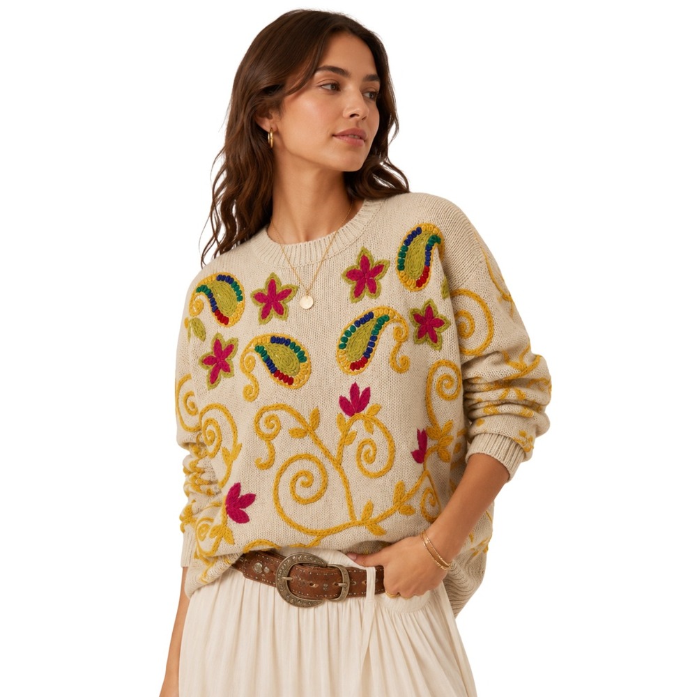 Vintage Chelsea Young Floral Paisley Embroidered Chunky Knit Sweater Beige Red